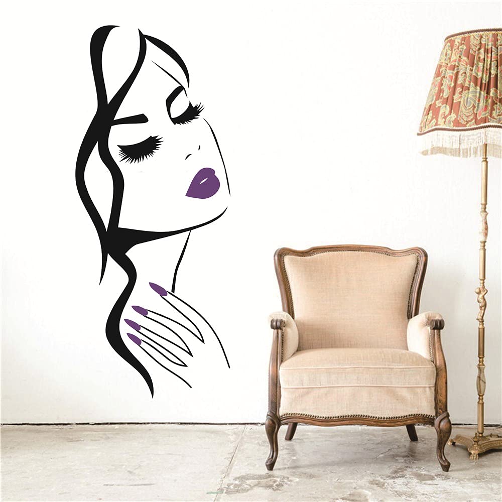 Wall Decals * Salon Nail Salon Wall Art Stickers Beautiful Girl Face Lips Home Decor Stickers Barbershop Hair Decor MURAL M-7(Black + Violet lips,40X90CM)