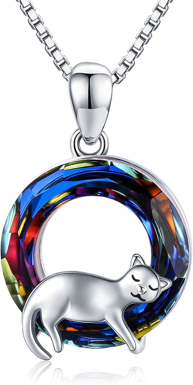 justkidstoy 猫项链 925 纯银可爱动物吊坠项链带水晶猫珠宝送给女性