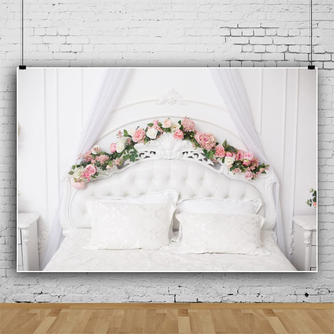RBQOKJ 7x5ft Pink flower boudoir background White headboard bedding Photo Background with pillow decoration Background Suitable for wedding portraits Birthday party shooting background props Studio