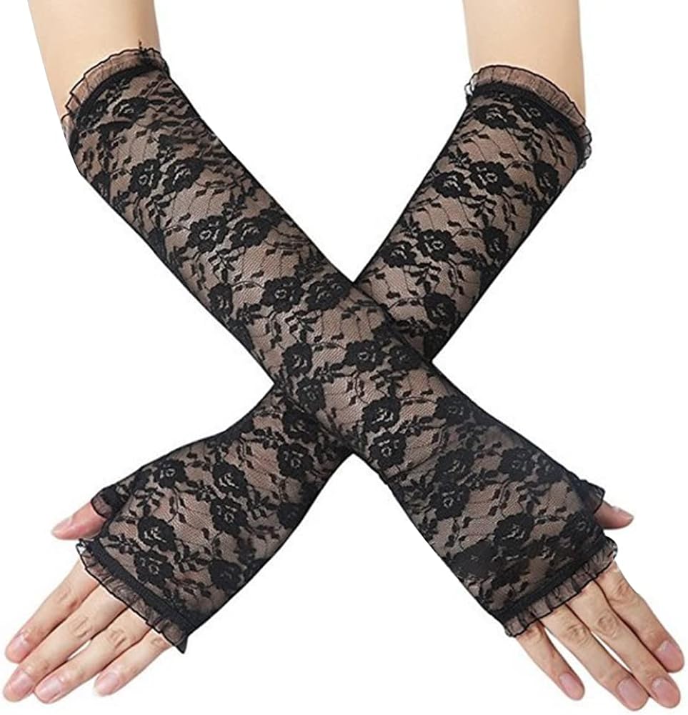 女式长款婚礼蕾丝手套半指袖套花卉蕾丝新娘连指冰丝袖口袖套配件