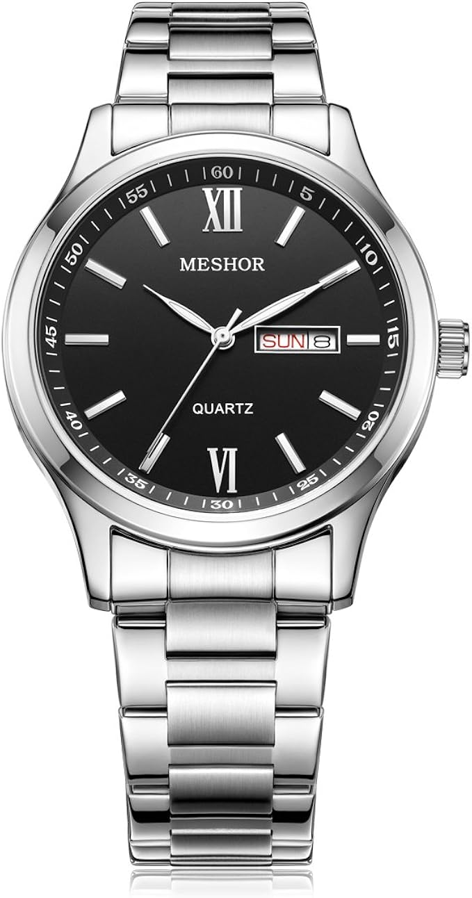 meshor名梭瑞士进口石英表精钢表带时尚日历男士手表黑色5019m16218