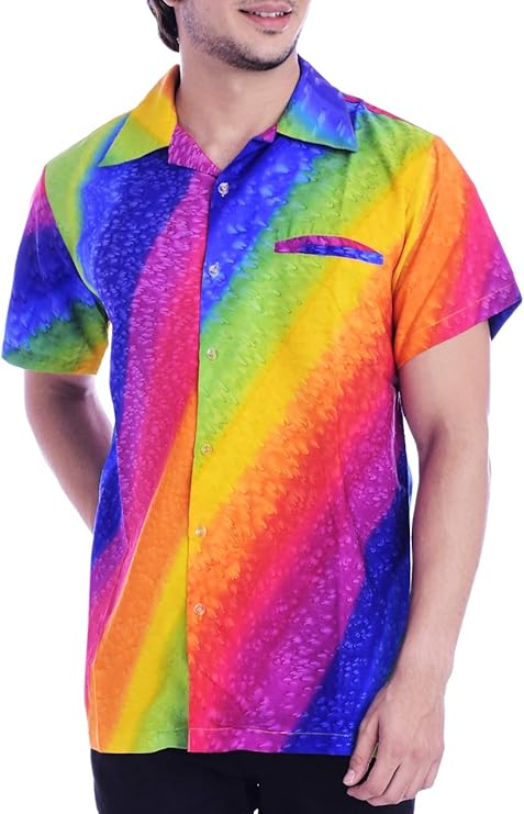 夏威夷衬衫男式短袖彩虹印花休闲时尚沙滩衬衫