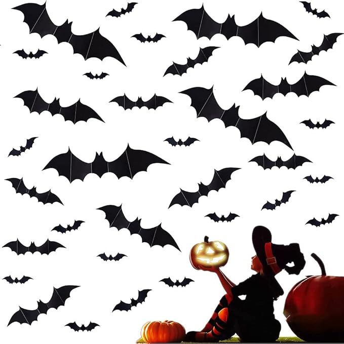 万圣节装饰蝙蝠墙壁装饰,60 件 4 种尺寸 3d 蝙蝠万圣节装饰贴纸适用
