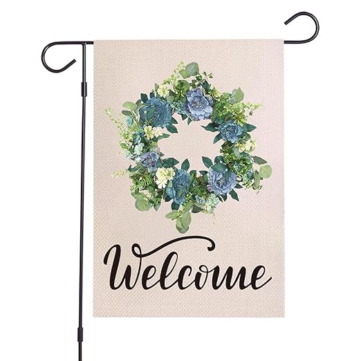 hitnext 花园旗横幅蓝玫瑰花环,欢迎旗,蓝色*双面亚麻粗麻布季节性