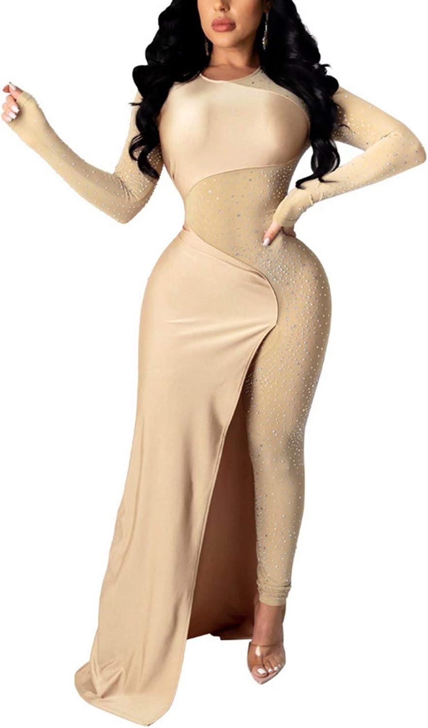 aro lora 女士性感长袖透视水钻紧身连身衣连体衣俱乐部服