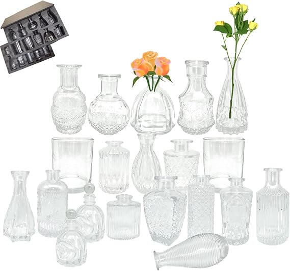 Bud Vases Set of 20, Loose Small Glass Vases, Cute Flower Vases for Centerpieces, Vintage Clear Bud Vases for Rustic Wedding Decor, Home Decor