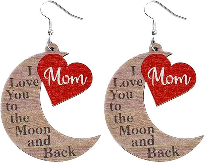 mom i love you heart 木制泪珠吊坠耳环妈妈母亲节手工长款耳环礼品