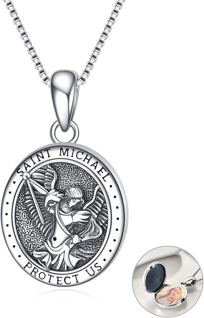 poplyke 纯银天使天使 st michael protect us lockets 项链,男女皆宜