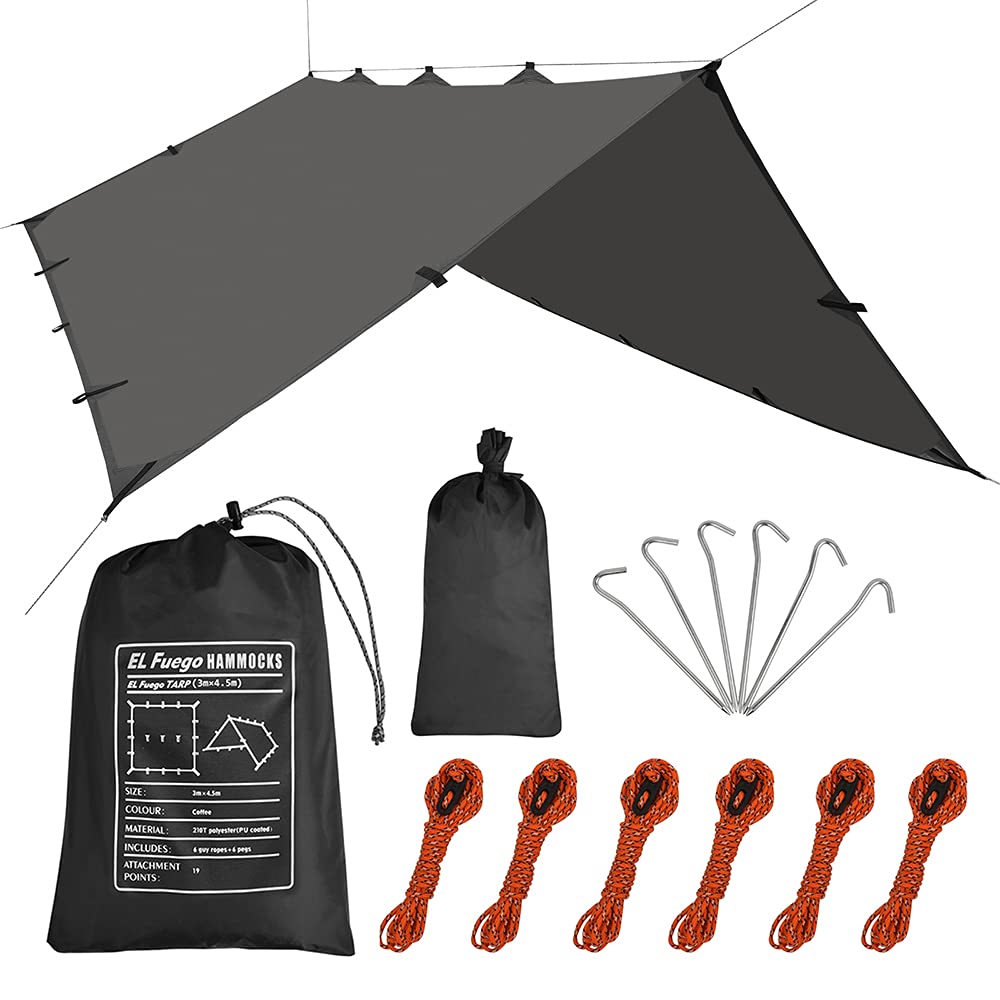 EL FUEGO Waterproof camping tarp, Hammock rain tent tarp 10 x 10 ft /10 x 15 ft, Light weight backpack approved, versatile tent footprint, suitable for camping, shade, hiking, survival gear (10 x 15 f