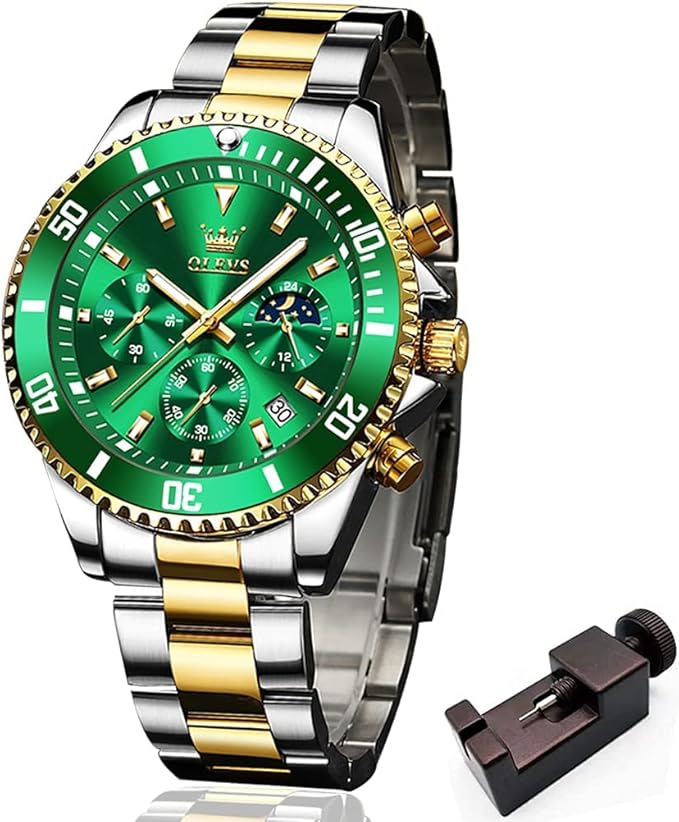 olevs男士多功能三眼手表大表盘不锈钢防水日期模拟石英手表时尚商务