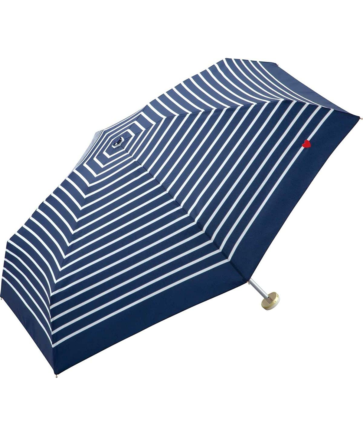World Party Wpc. Folding umbrella Women's zipper bag Striped heart embroidery Navy blue 50cm