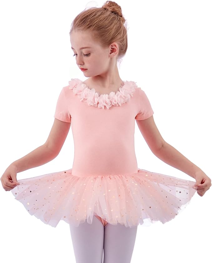 mdnmd 幼童女童短袖星星闪光芭蕾舞短裙紧身舞蹈芭蕾舞演员服装连衣裙