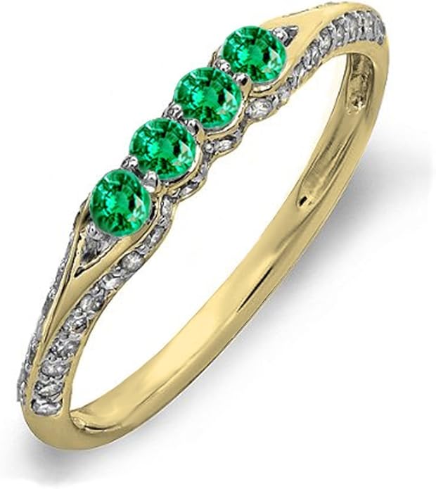 14k 金圆形祖母绿和白色钻石女士周年结婚戒指可堆叠戒指