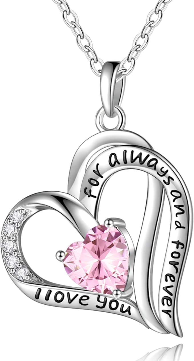 女士爱心吊坠项链,925 纯银心形项链女士精致诞生石女式项链浪漫礼物