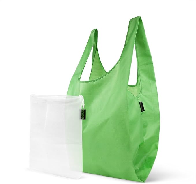 sgs 涤纶可重复使用的杂货购物手提袋,带尼龙网纱产品袋套装 草绿色