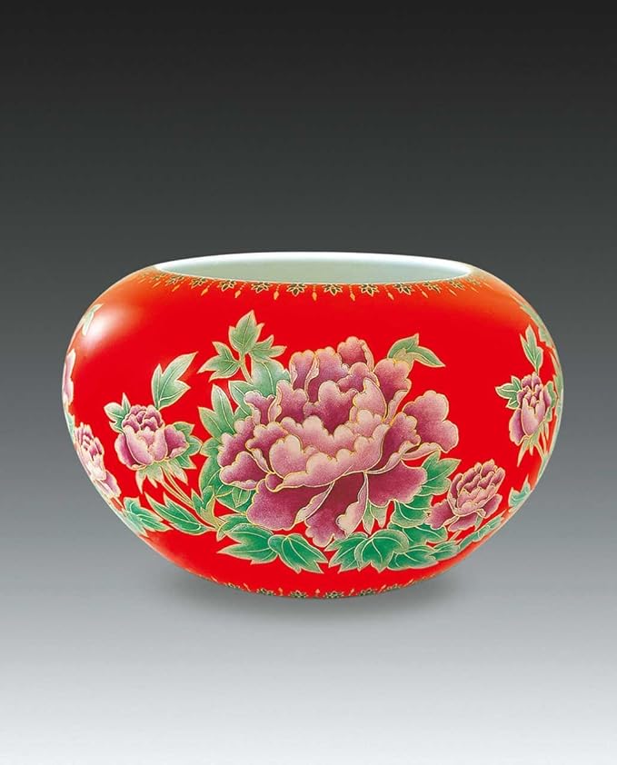 中国红 瓷器 红瓷 牡丹 笔洗 花鸟纹饰 彩绘系列21cm×11cm