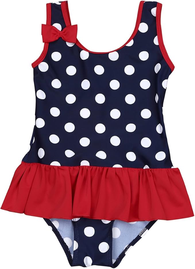 mufeng 女婴泳装连体泳衣圆点印花泳衣荷叶边游泳服装