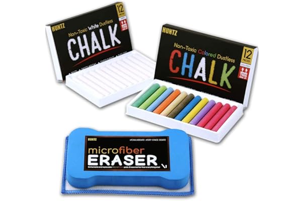 huntz 无尘粉笔,带超细纤维橡皮擦(可水洗和可重复使用)(12 个白色