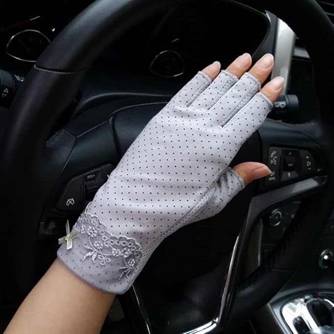 女式蕾丝*驾驶手套防滑透气棉质无指*连指手套适用于钓鱼骑行骑行