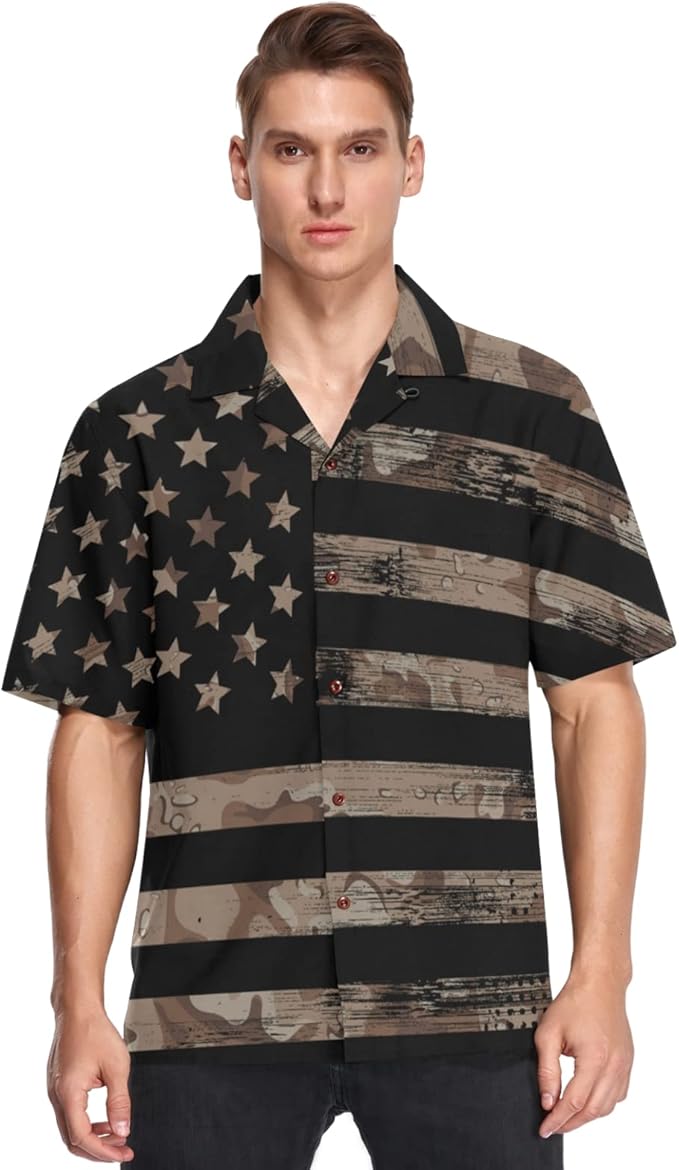 男式夏威夷衬衫美国国旗沙漠迷彩短袖沙滩衬衫系扣夏季衬衫