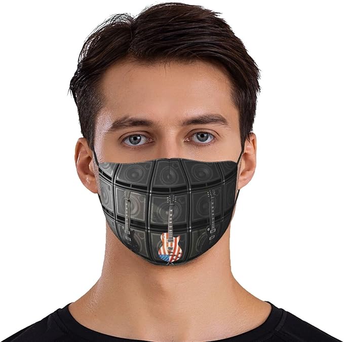 舒适印花面具,黑色和美国贝斯吉他电子摇滚音乐主题数字