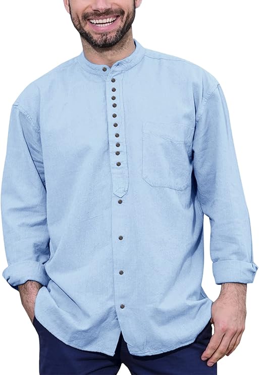 男式传统爱尔兰祖父无领衬衫棉麻长袖系扣衬衫 男式