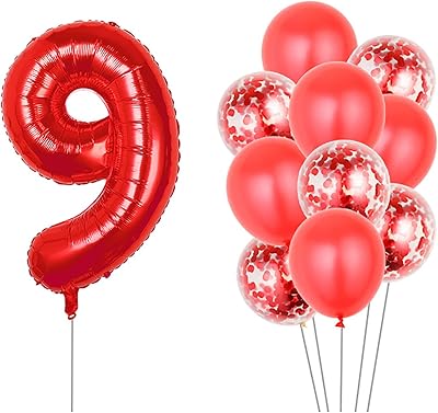 适合女孩,女士,男士,照片道具,红色 9 岁生日派对装饰,9 岁生日气球,9