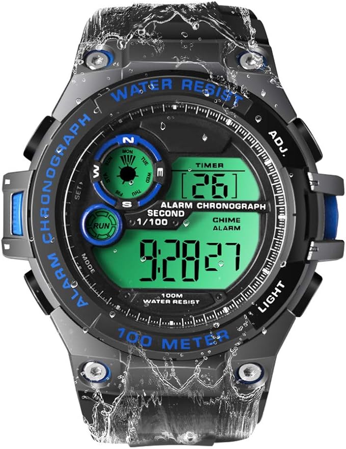 男士男孩运动潜水手表 10 atm 防水游泳手表带秒表功能,计时码表,闹钟