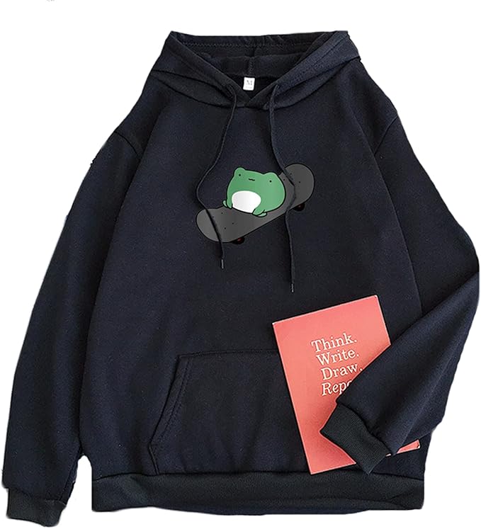 coriresha 女式可爱卡通青蛙印花连帽衫条纹袖套头抽绳连帽运动衫