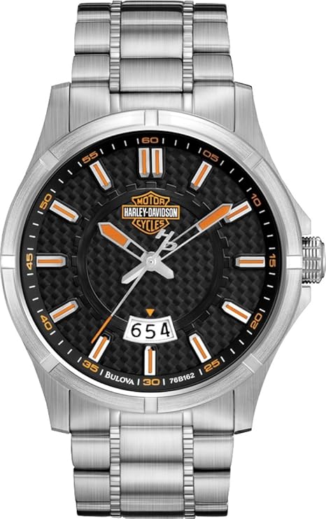 harley davidson 男式石英手表黑色表盘模拟显示银色不锈钢表链 76b