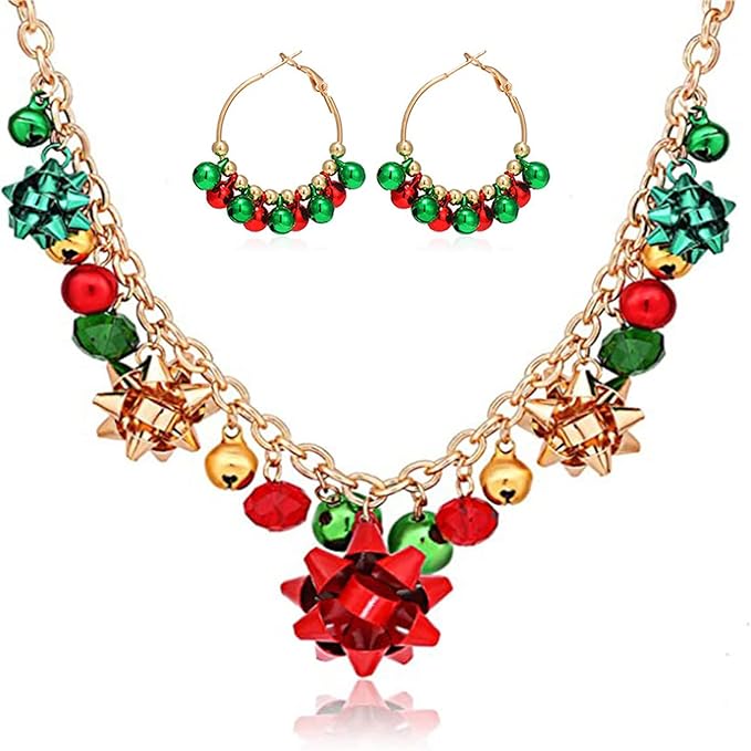 套装圣诞铃铛项链蝴蝶结吊坠项链圣诞铃铛耳环女士圣诞珠宝配饰礼品