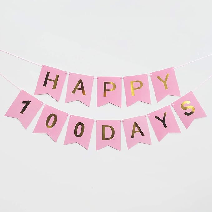 金色闪光 100 天快乐横幅儿童生日,迎婴派对,婚礼庆典(粉色)