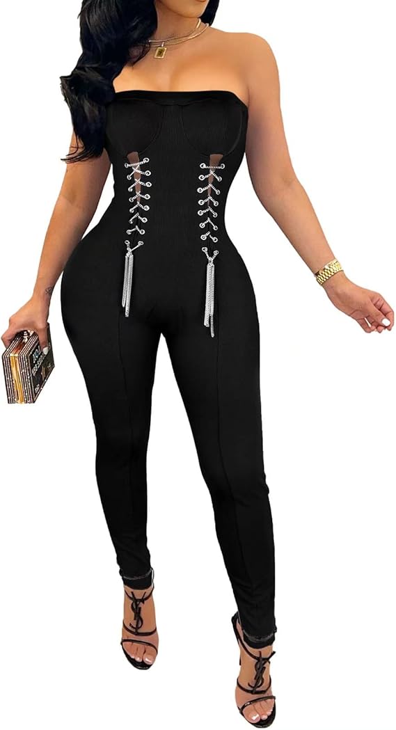 halfword 女式无肩带系带剪裁紧身长裤连体连衣裤