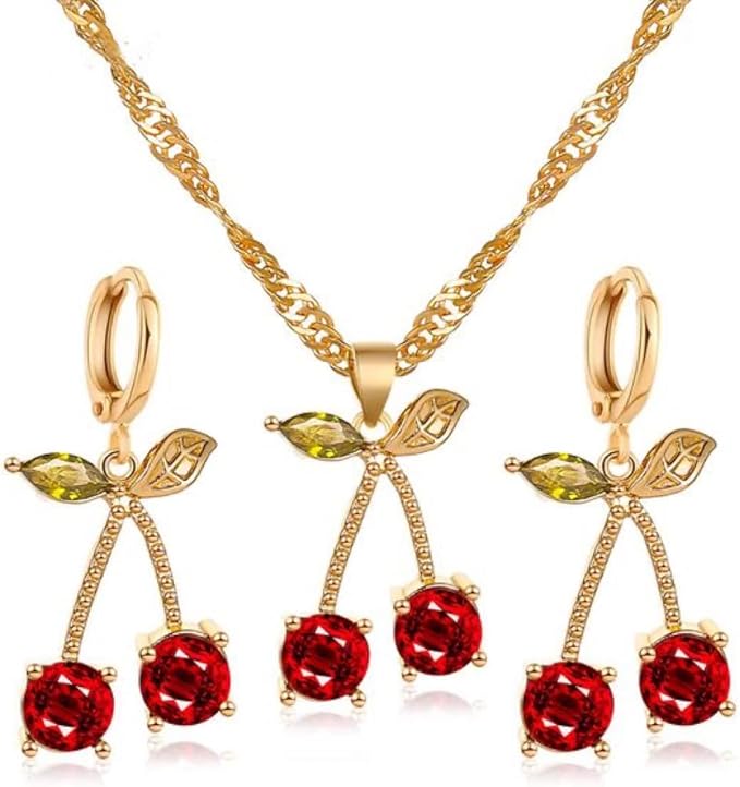 女士珠宝套装樱桃首饰套装金色珠宝母亲节珠宝礼品项链和耳环套装