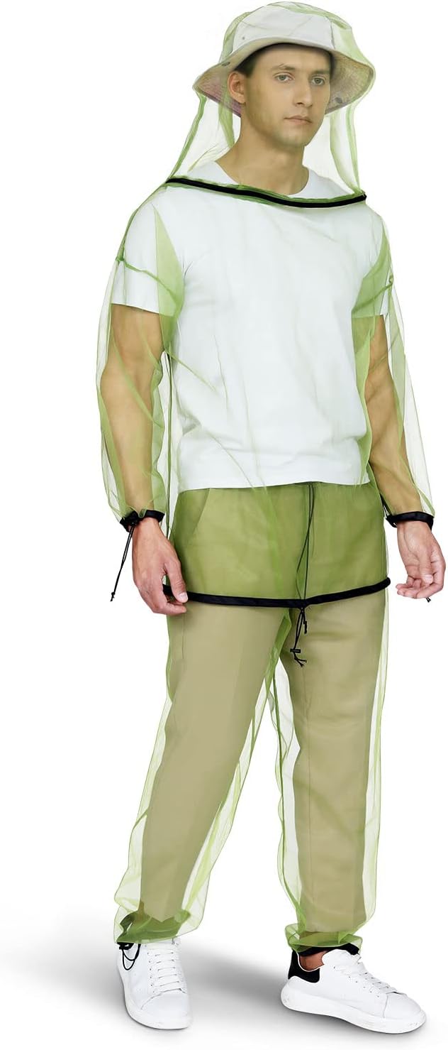 透气网眼昆虫套装, 裤子夹克, 连帽, 户外全身防护防蚊服装男女(l/xl