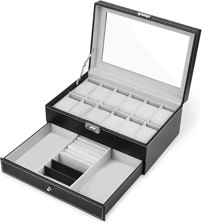 pu 皮革手表收纳盒 12 个插槽,男女可锁定珠宝展示抽屉盒,2 层收纳