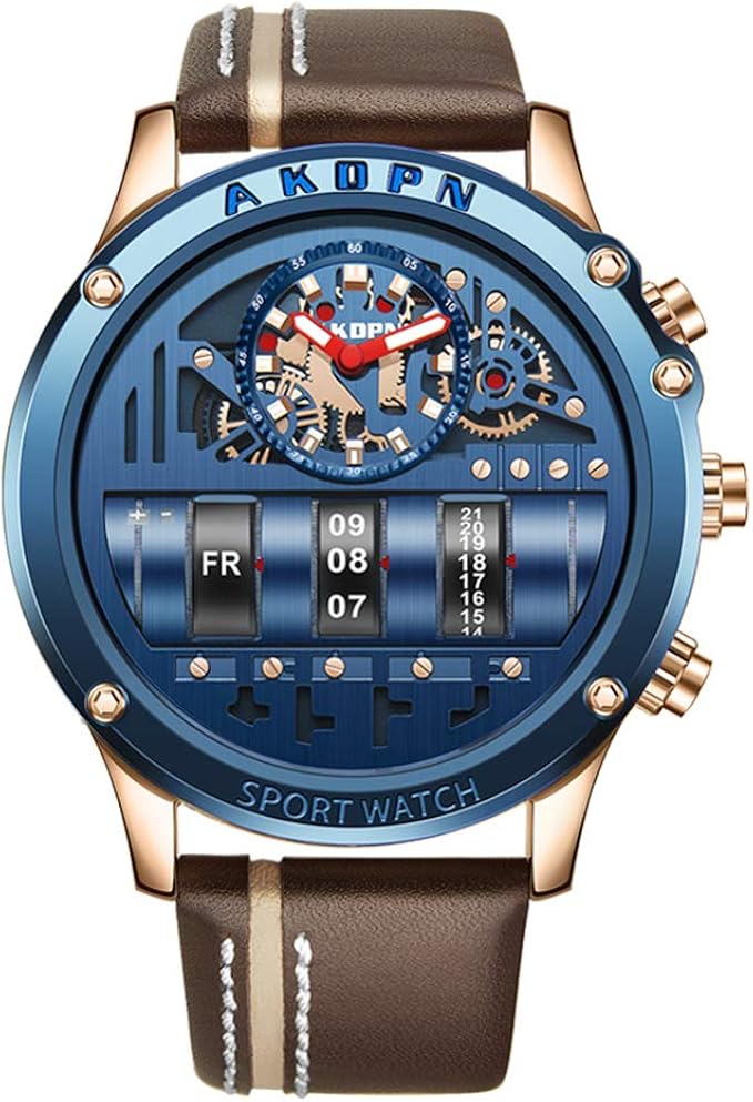 military watch 男士独特齿轮表盘石英滚动日历手表皮革表带 reloj