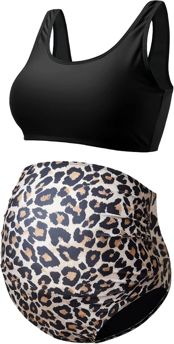 孕妇比基尼套装运动泳衣带背心和高腰下装女士 2 件套泳衣孕妇泳装