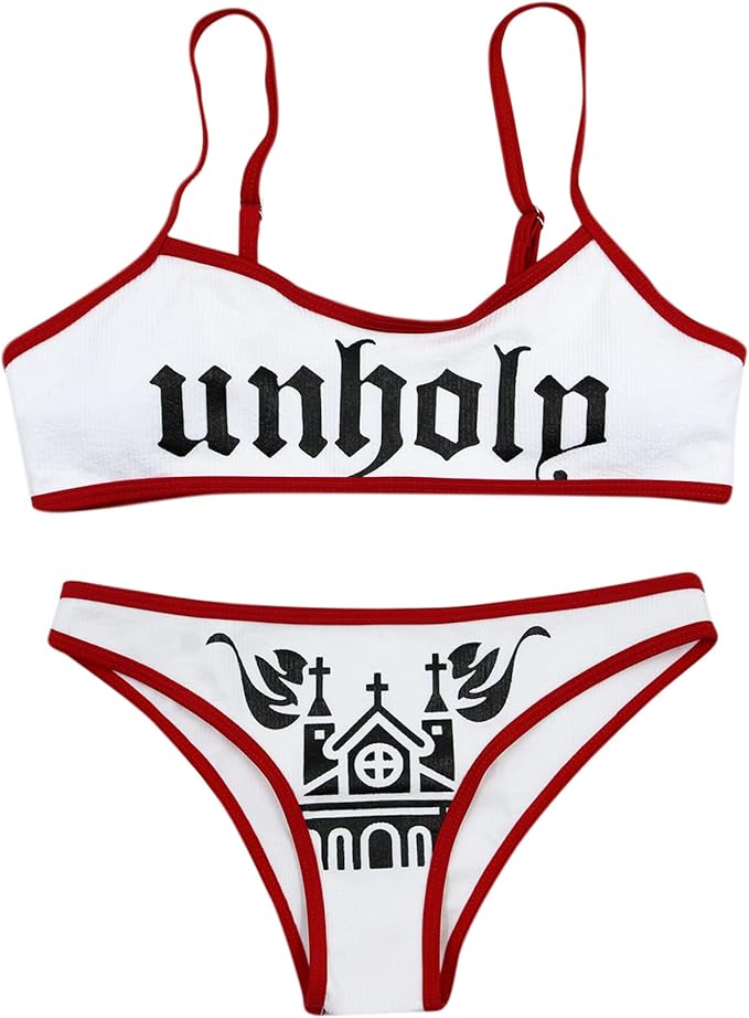 jumisee女式骷髅字母图案哥特比基尼套装2件套高腰抹胸泳衣