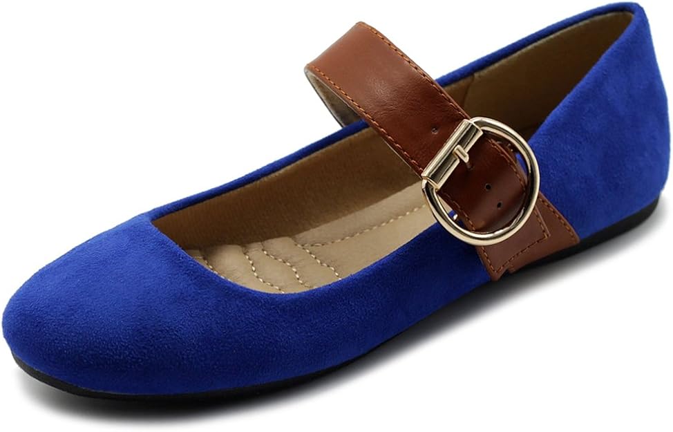 ollio 女式鞋子 仿麂皮 玛丽珍皮带 一脚蹬舒适轻便芭蕾平底鞋 蓝色 7