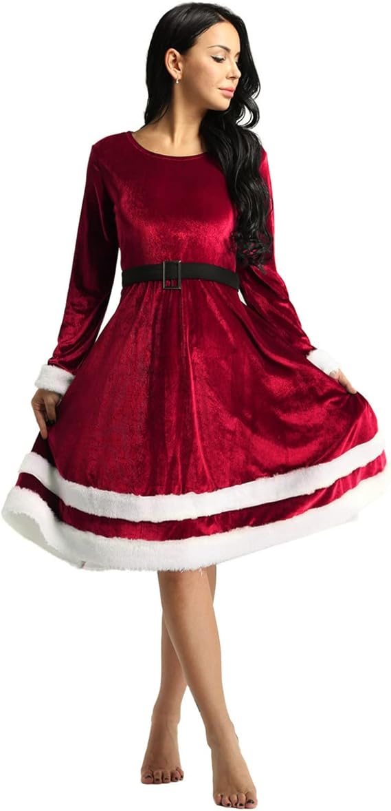 lejafay 圣诞老人服装女士圣诞礼服人造毛皮饰边成人服装女士圣诞化妆