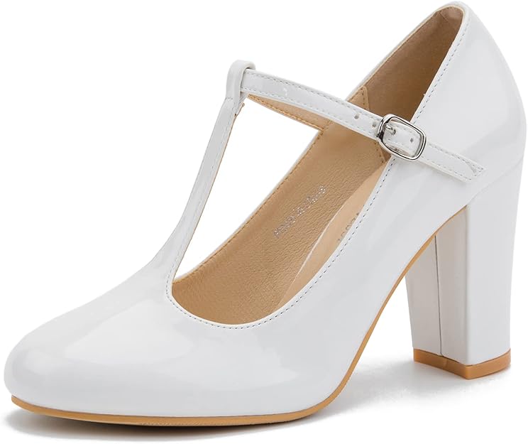 女式经典 t 型绑带粗跟玛丽珍高跟鞋婚纱鞋