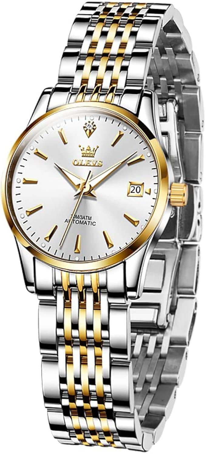 olevs 女士自动手表带不锈钢表链,女士奢华小腕表