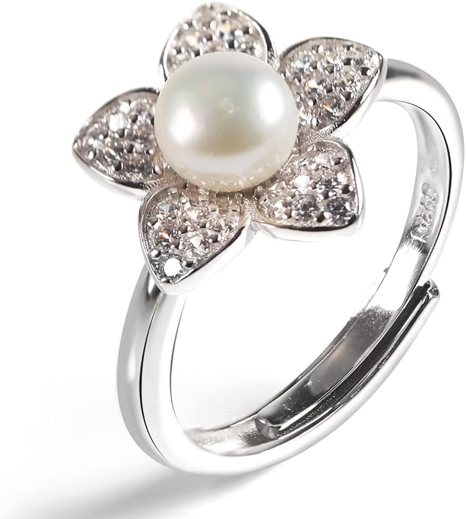 淡水养殖珍珠戒指 男女 生日礼物 纯银时尚白色珍珠花戒指 个性设计
