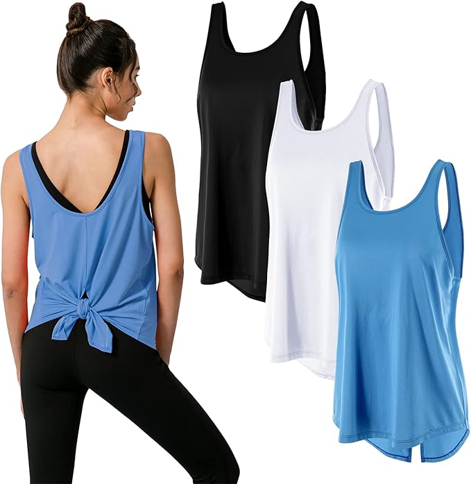 lanbaosi 女式背心 3 件装露背系带夏季瑜伽运动跑步锻炼衬衫