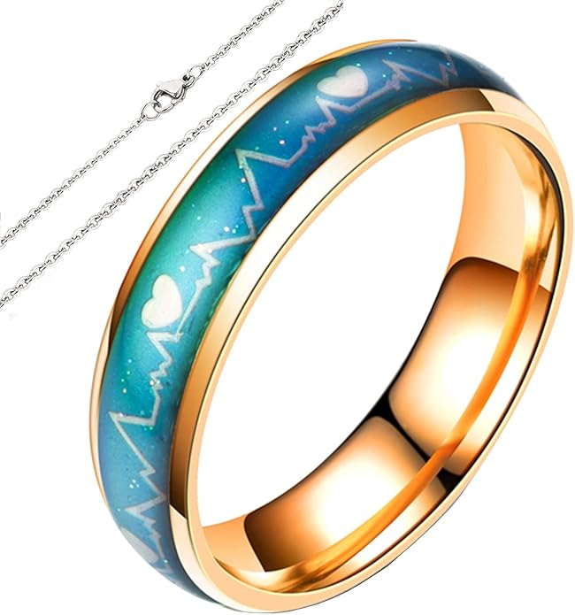 godyce 变色戒指,情侣戒指礼品,酷炫钛钢戒指,温度变化颜色心跳心电图