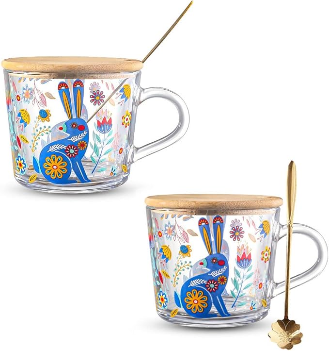 9 克)- 兔子贴花透明玻璃杯,适用于浓缩咖啡,卡布奇诺,拿铁,麦片,饮料