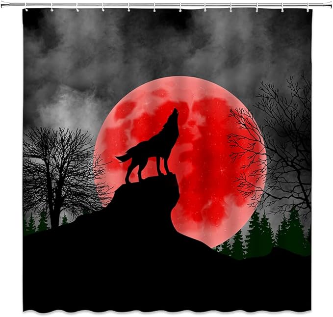 狼浴帘 悬崖上的荒野动物 满血月亮山森林树剪影 fanrasy 可怕的夜视