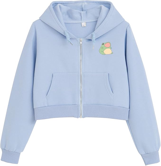 keevici 可爱青蛙露脐拉链连帽衫女孩卡哇伊衣服小屋核心美学运动衫 e