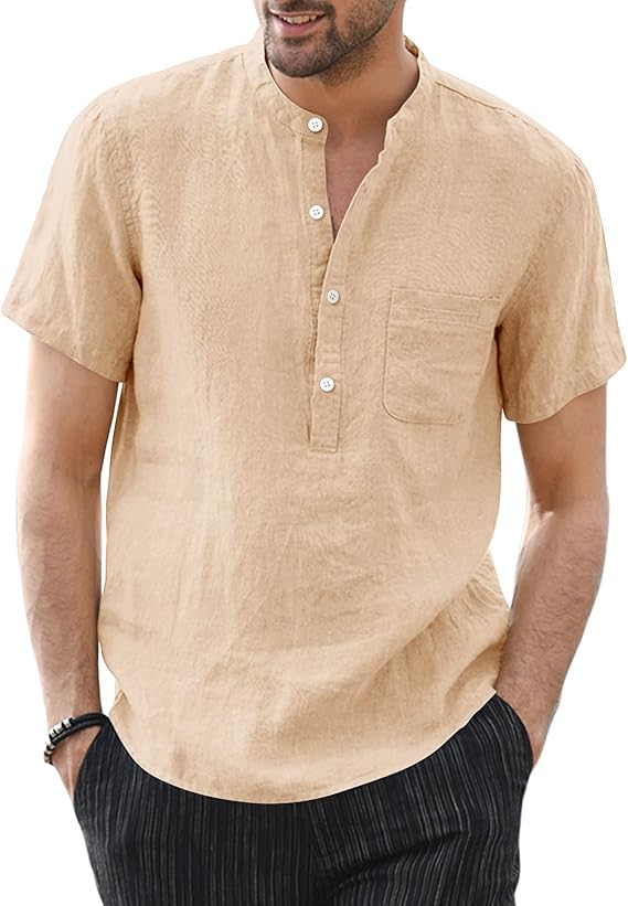 男式棉麻亨利衫长袖嬉皮海滩休闲瑜伽 t 恤亨利上衣衬衫